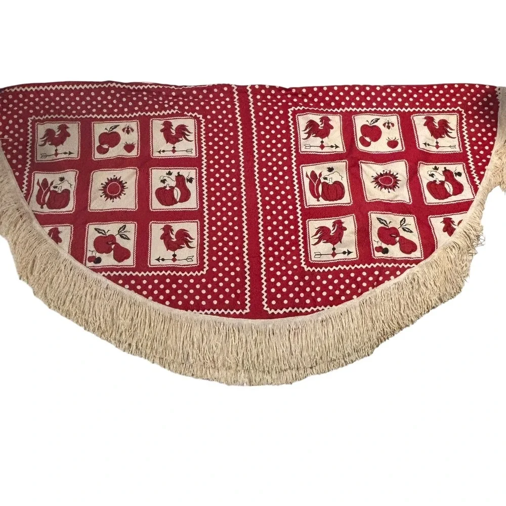 Vintage Red & White Polka Dot Rooster‎ Kitchen Table Apron with Fringe Trim